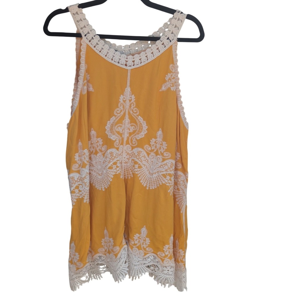 34A: Est. 1946 Mustard Yellow Lace Embroidered Sleeveless Tunic XL Boho Crochet - Picture 2 of 4